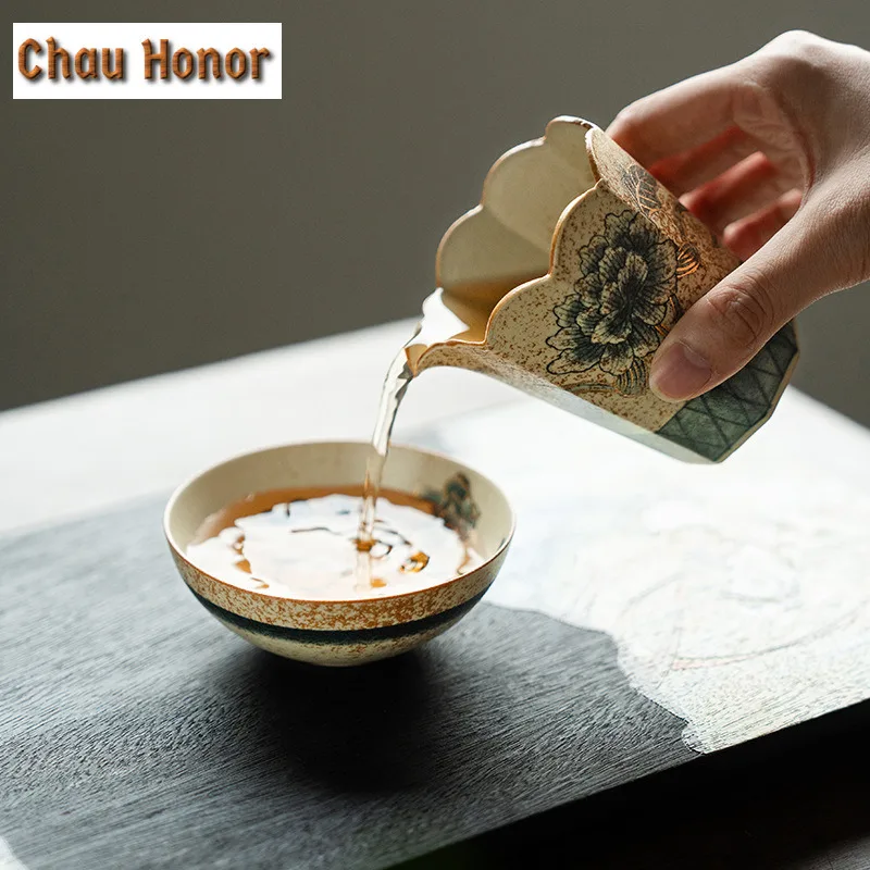 175ML Blue And White Flint Red Tea Pitcher Gold Drawing Peony Flower Cha Hai Dispenser Justice Cup Fair Mug Tea Set Accessories