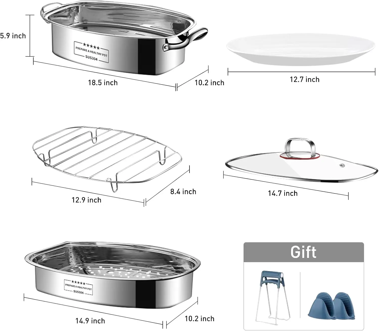2-Tier Stainless Steel Fish Steamer - Multi-Use Square Steaming Cookware with Rack, Ceramic Plate, Chuck, Oven Mitts - Stockpot