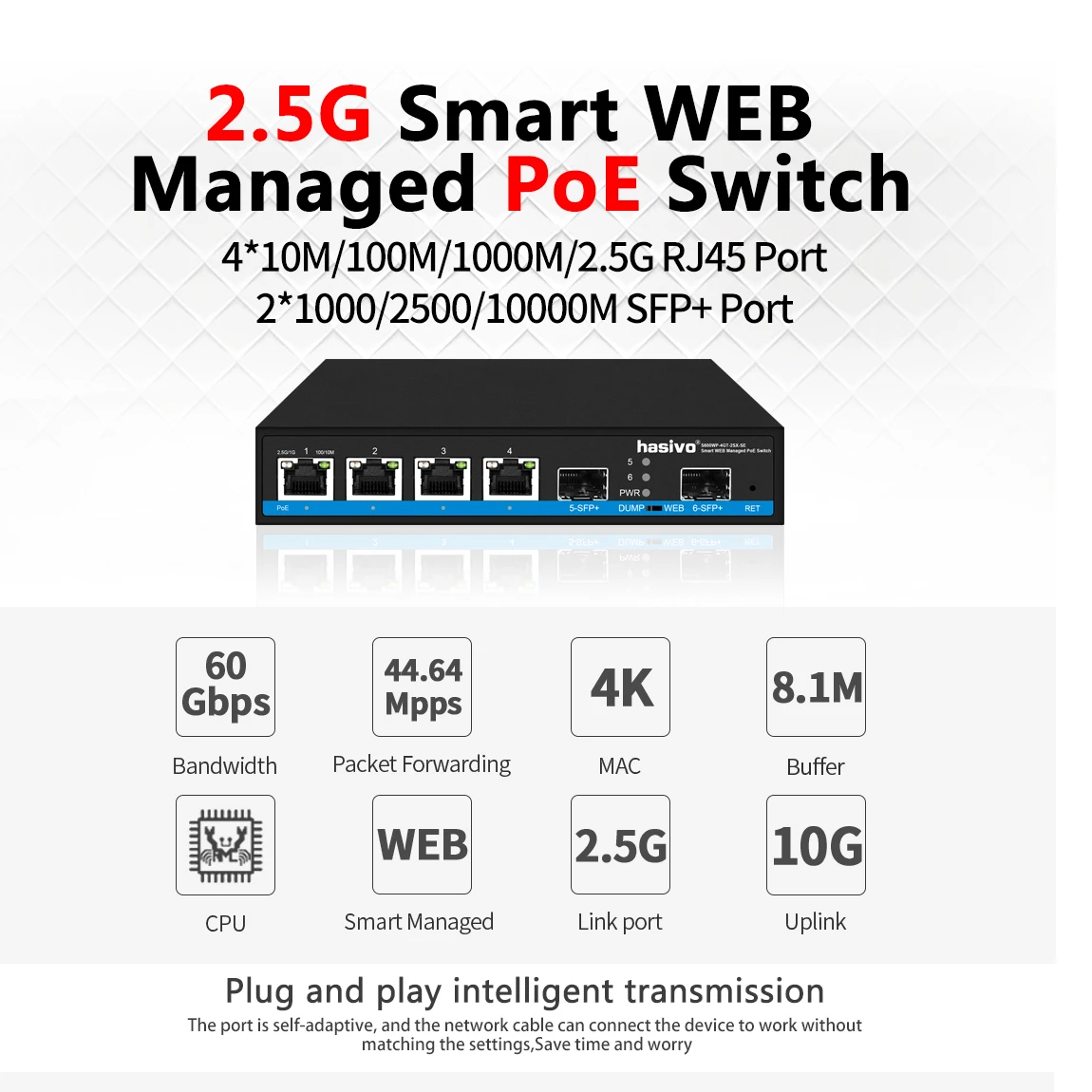 하이소보 4*2.5G PoE+ 2*1G/2.5G/5G/10G SFP 스마트 웹 PoE 스위치 네트워크 스위치용