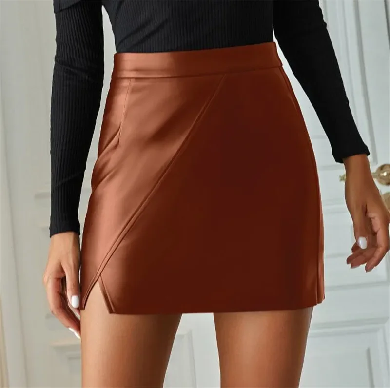 Women Asymmetric Leather Skirt Belt Sexy Slim Mini Skirt Female High Street Skirt Ladies Spring and Summer Women's Casual Black