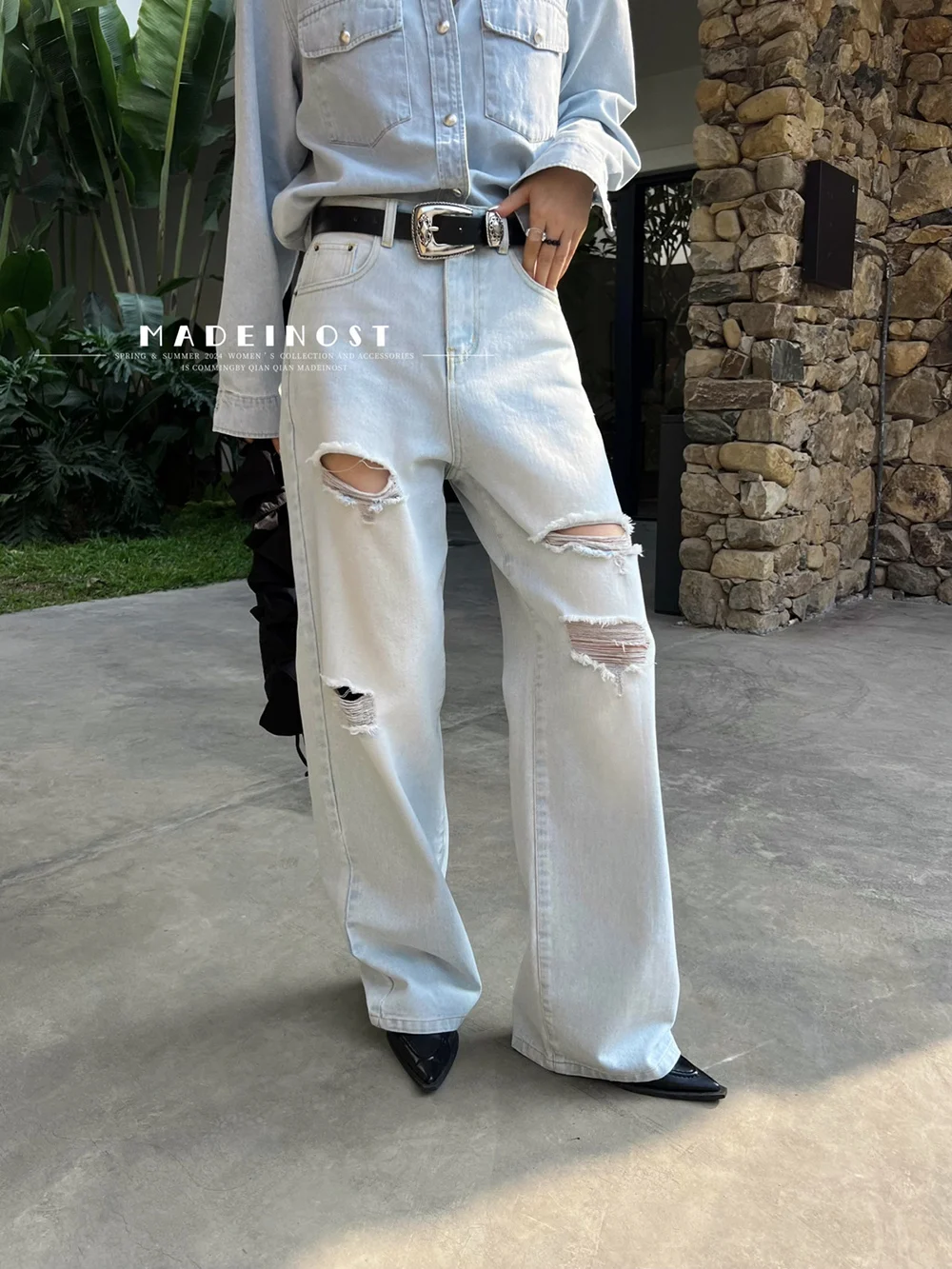 

Women High Waist Ripped Jeans, Lady Straight Casual Denim Pants, Fashion Streetwear Trousers, Spring Summer All Seasons, Traf