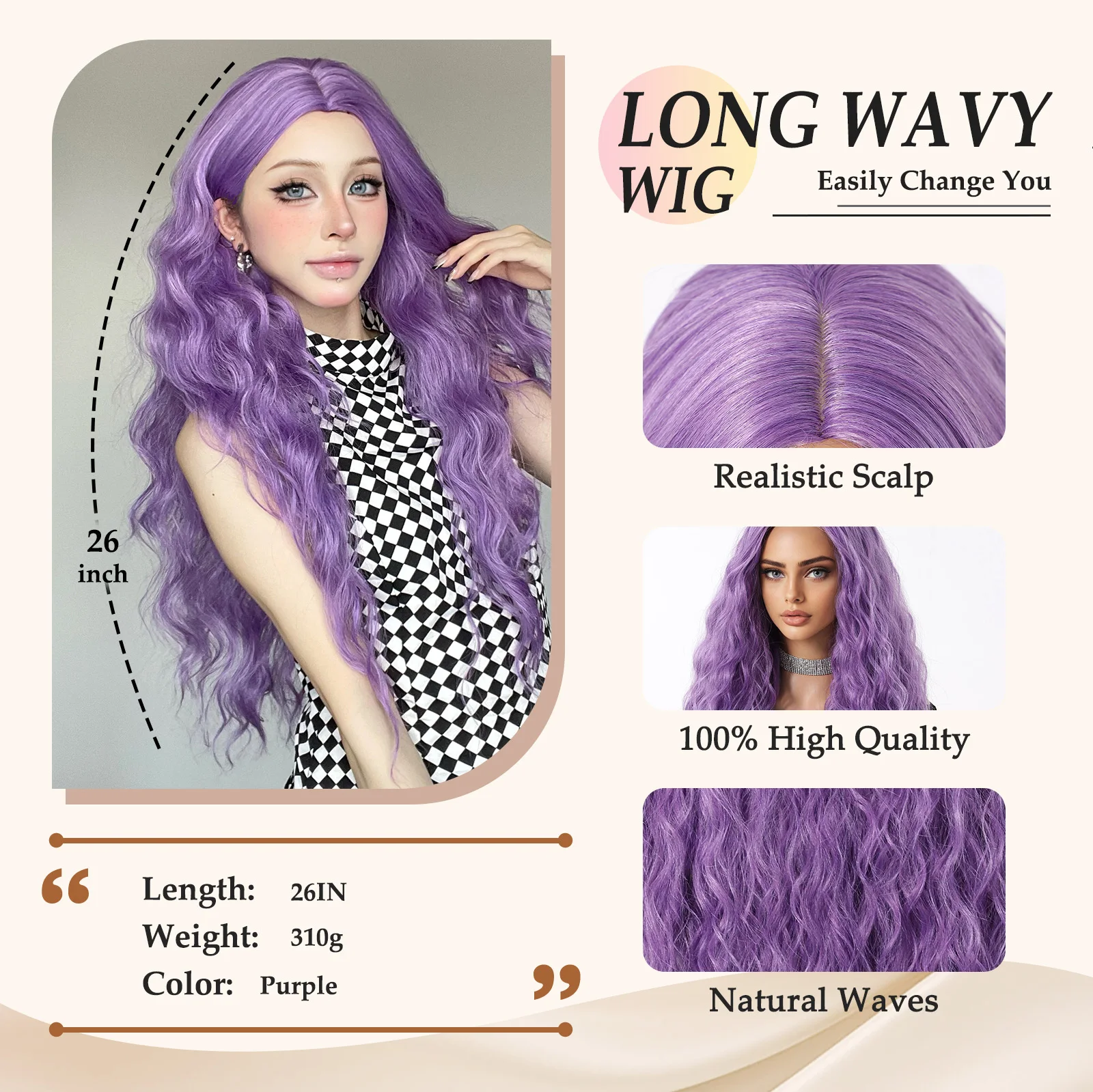 Perruque Synthétique Violet Foncé Longue Ondulée - Cosplay Ou Déguisement - Neuve