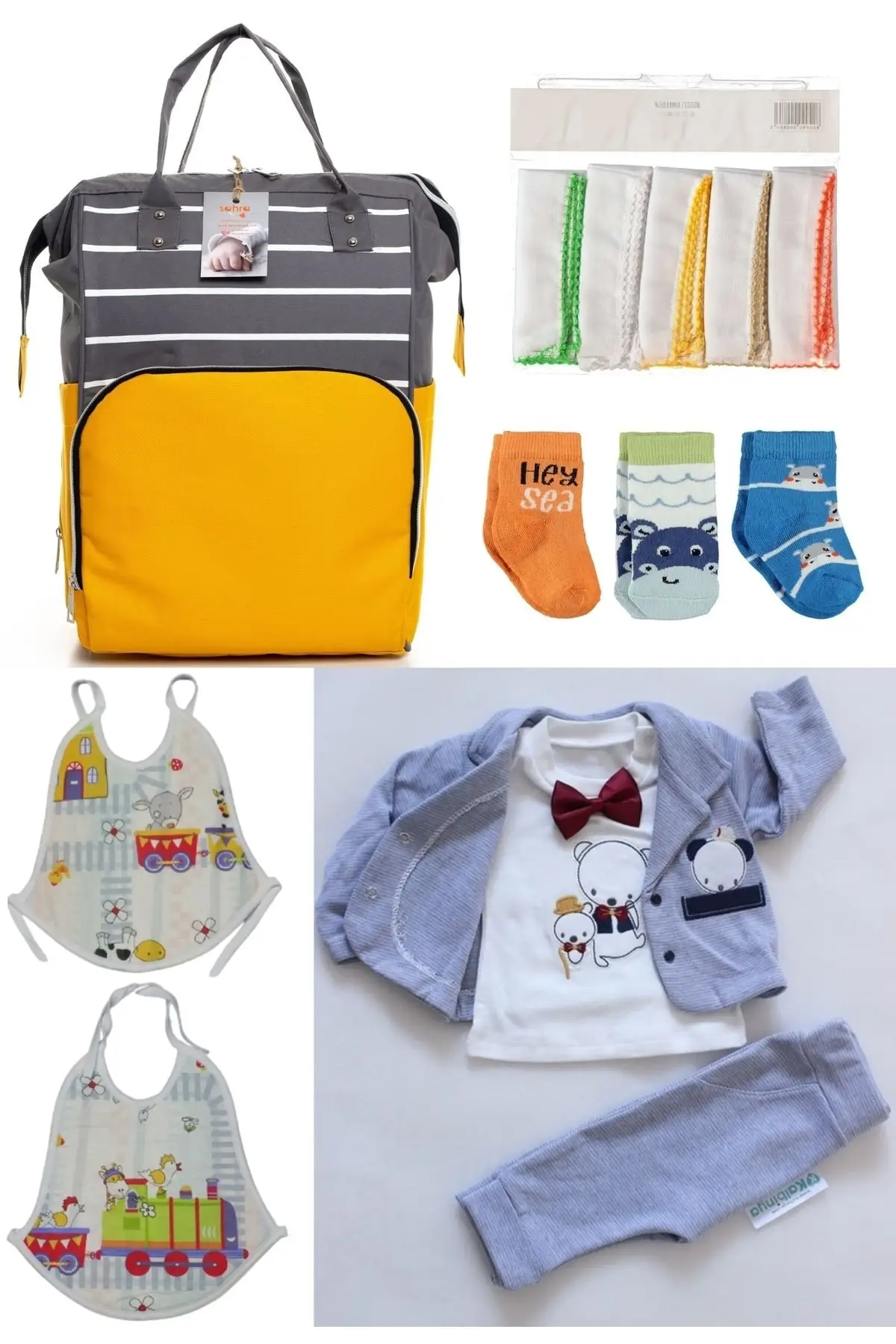 

6 Piece Birth Set (Baby Care Backpack, hospital Exit, 10-Wipes, 3-Socks And 2-Pb Set) Yellow