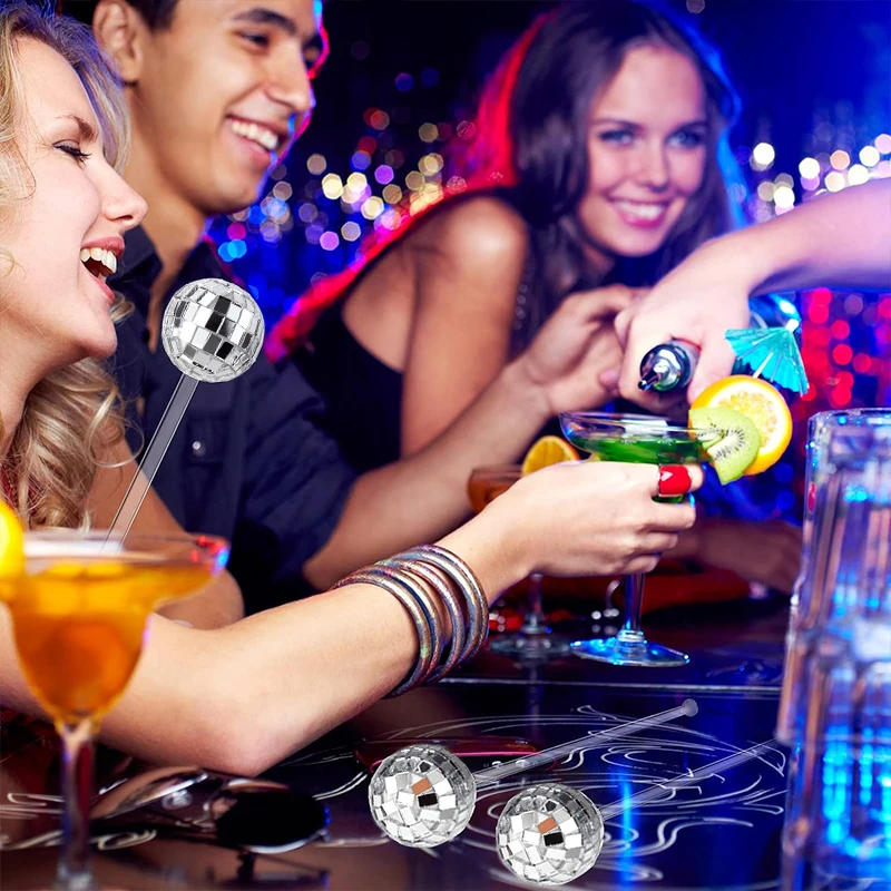 Description Picture 4 of item10/12/100pcs Disco Balls Cocktail Stirrers Round Top Swizzle Sticks Silver Mirror Ball Toothpicks for Home Bar Party Decoration