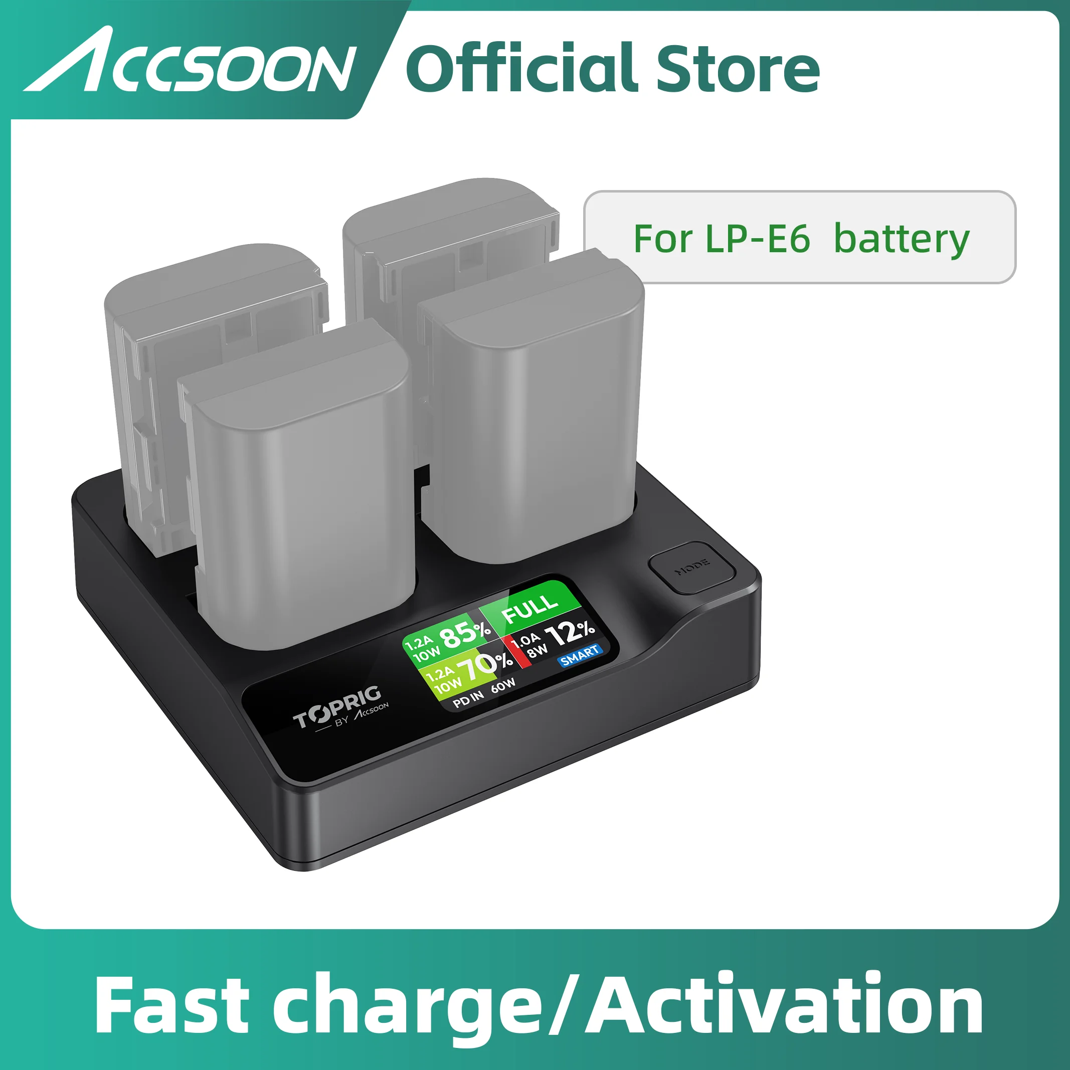ACCSOON 4 Slot Battery Fast 10W-40W Charger For LP-E6 Canon EOS 5D Mark II Mark III Mark IV 5D SR 60D 60Da 6D 70D 7D R5 R6 1