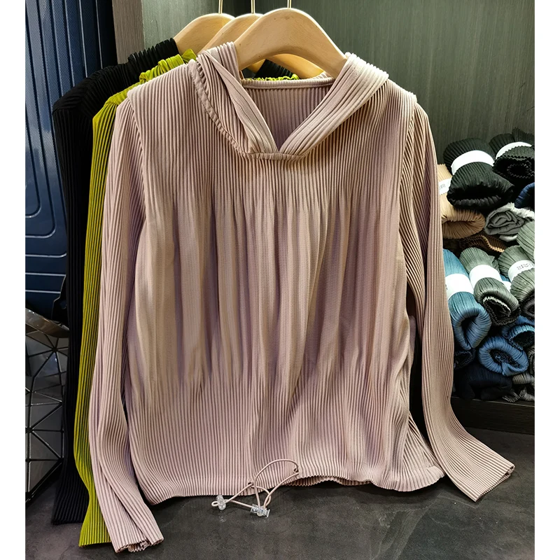 

Miyake Pleated Casual Fashion Hooded Sweater Women 2023 Fall New Thin Versatile Age Reduction Loose Top Plus Size Women Clothing
