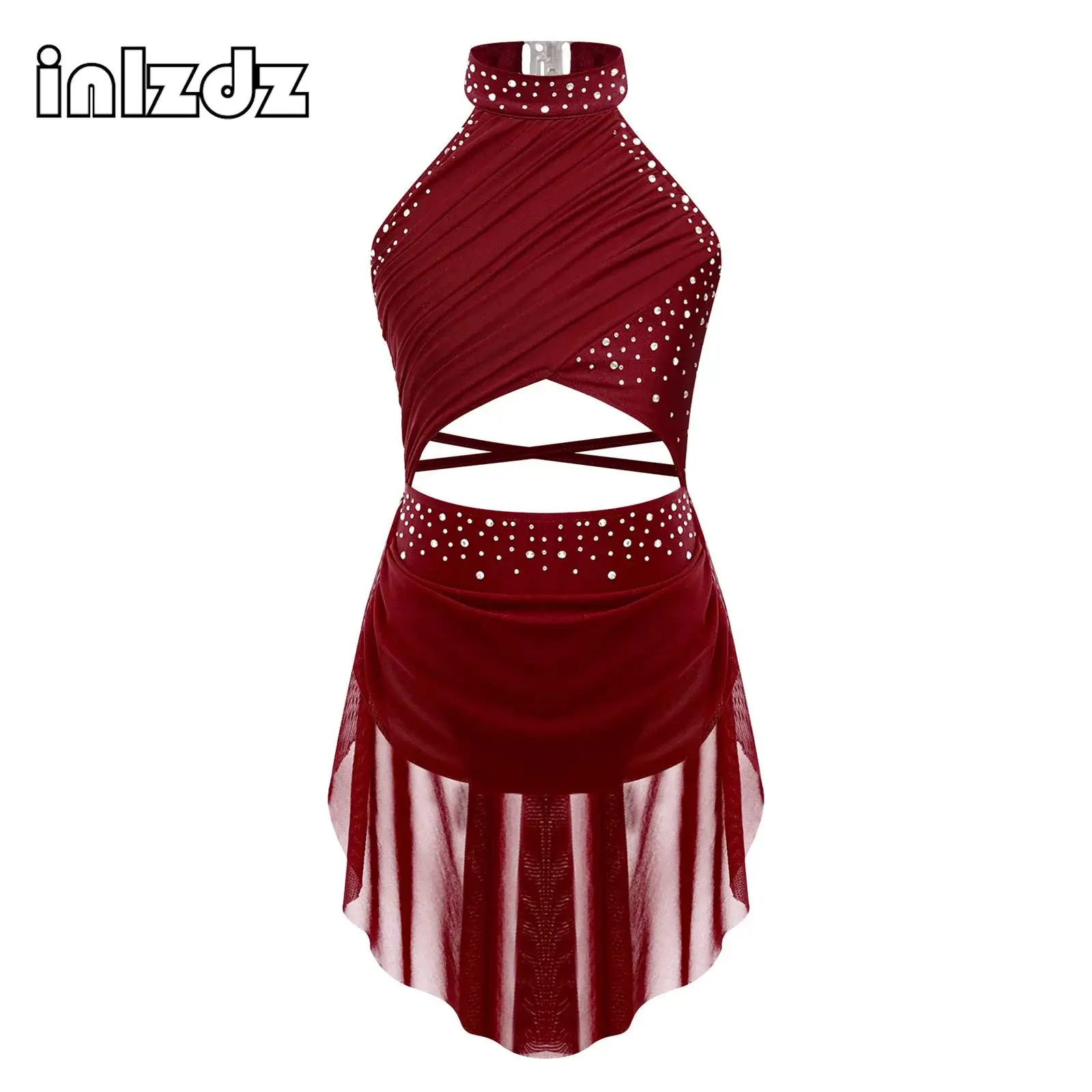 

Kids Girls Modern Lyrical Dance Performance Costume Halter Straps Back Leotard Dress Jazz Skating Ballet Gymnastics Dancewear