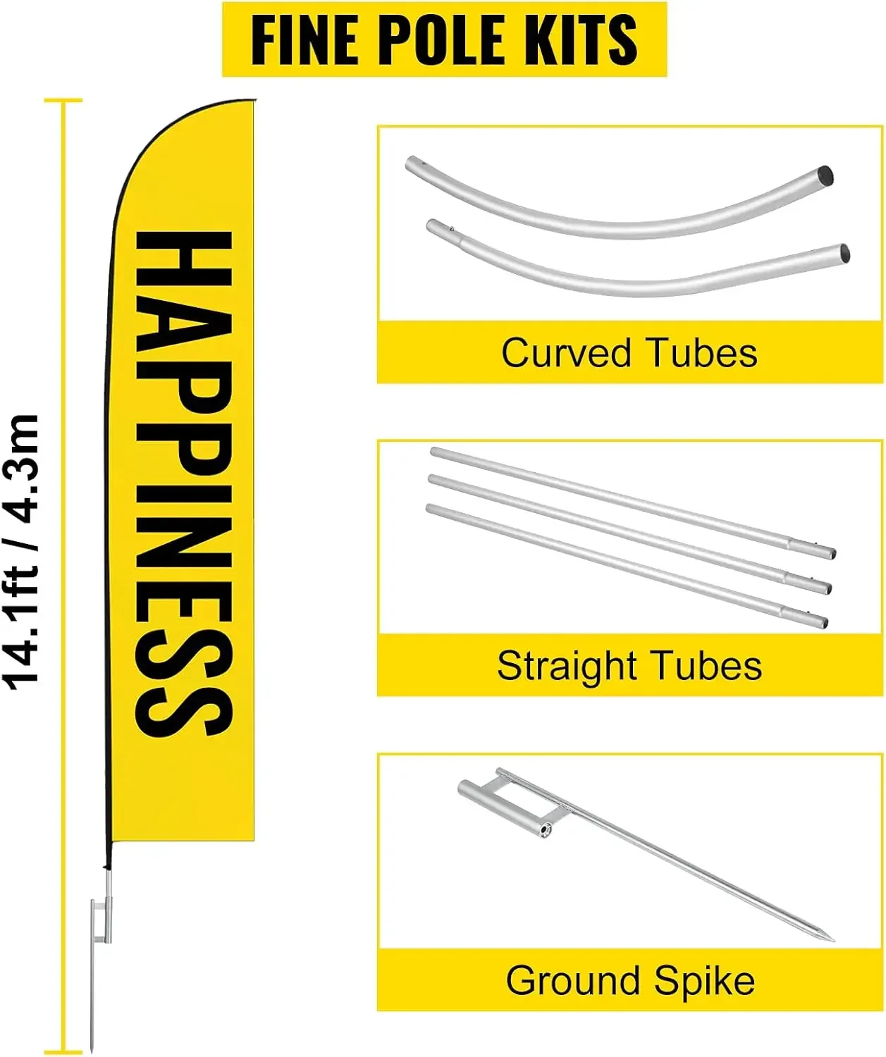 Advertising Flag Pole, 2 x Feather Flag Bundles with Ground Spike, 16 ft Windless Pole Sets with Ground Mounting Stake