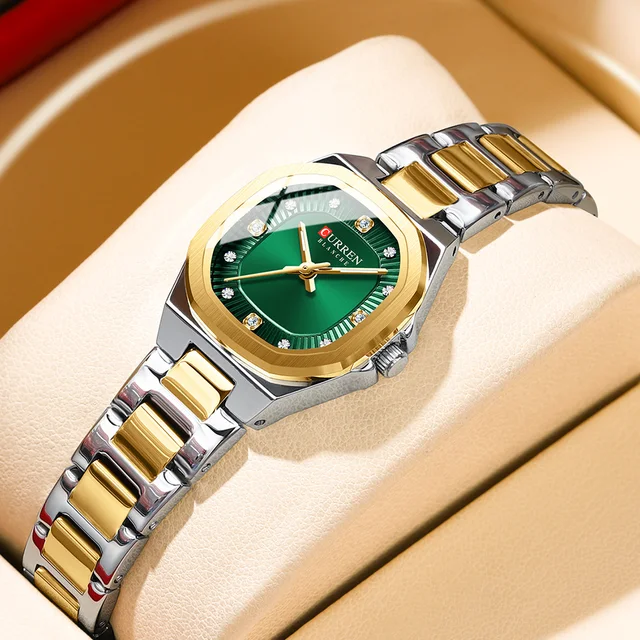 CURREN Luxury Sparkling Square Elegance Dial Watch for Women Lightweight Quartz Wristwatches with Stainless Steel Band