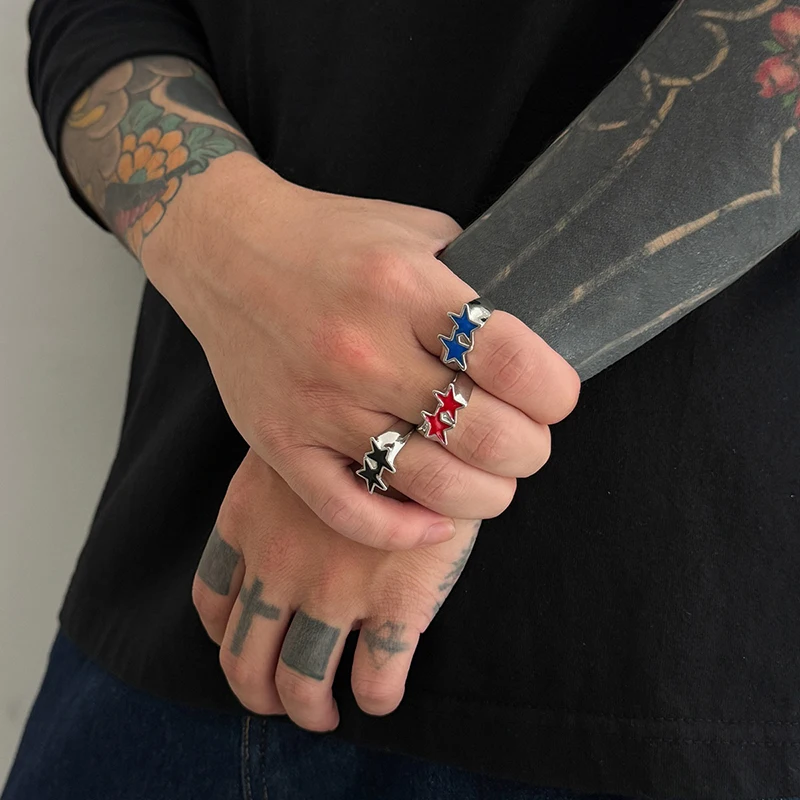 Vintage Black Drip Oil Pentagram Star Open Rings For Women Men Hip Hop Rock Metal Star Adjustable Couple Rings Jewelry 3
