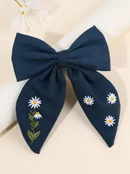 Elegant Floral Embroidered Bow Hair Clips - Handmade Ribbon Flower Hairpins for Women, Girls, and Kids (Navy blue type01)