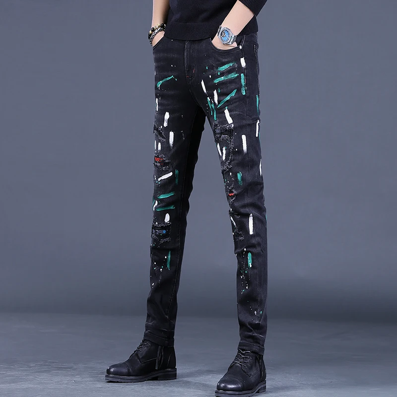 Black Ripped Patch Printed Jeans Men Autumn Casual Slim Fit Straight Pants Fashion Streetwear Stretch Denim Trousers