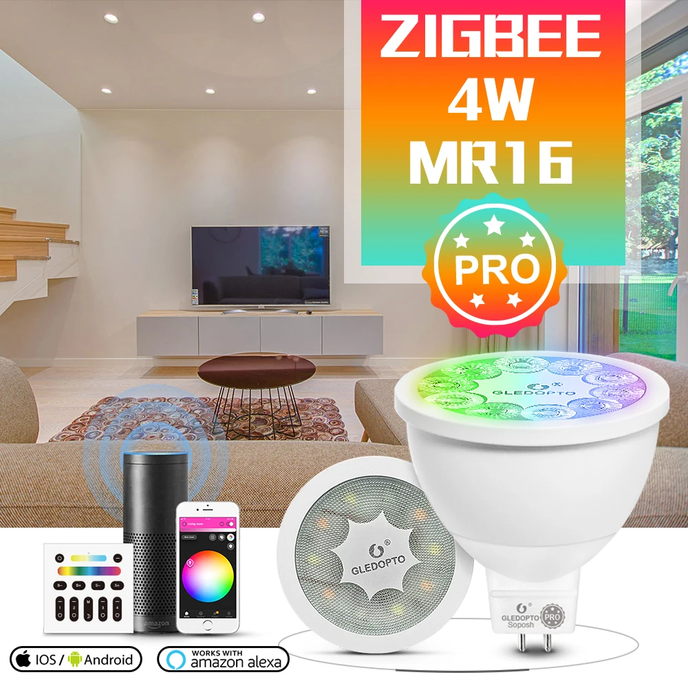 Gledopto Zigbee 3.0 Smart Rgbcct Mr16 Spotlight Pro 4W Ac/Dc12V Lampadina Angolo Del Fascio Di 30 Gradi Funziona Con Alexa Echo Plus App Voice Rf