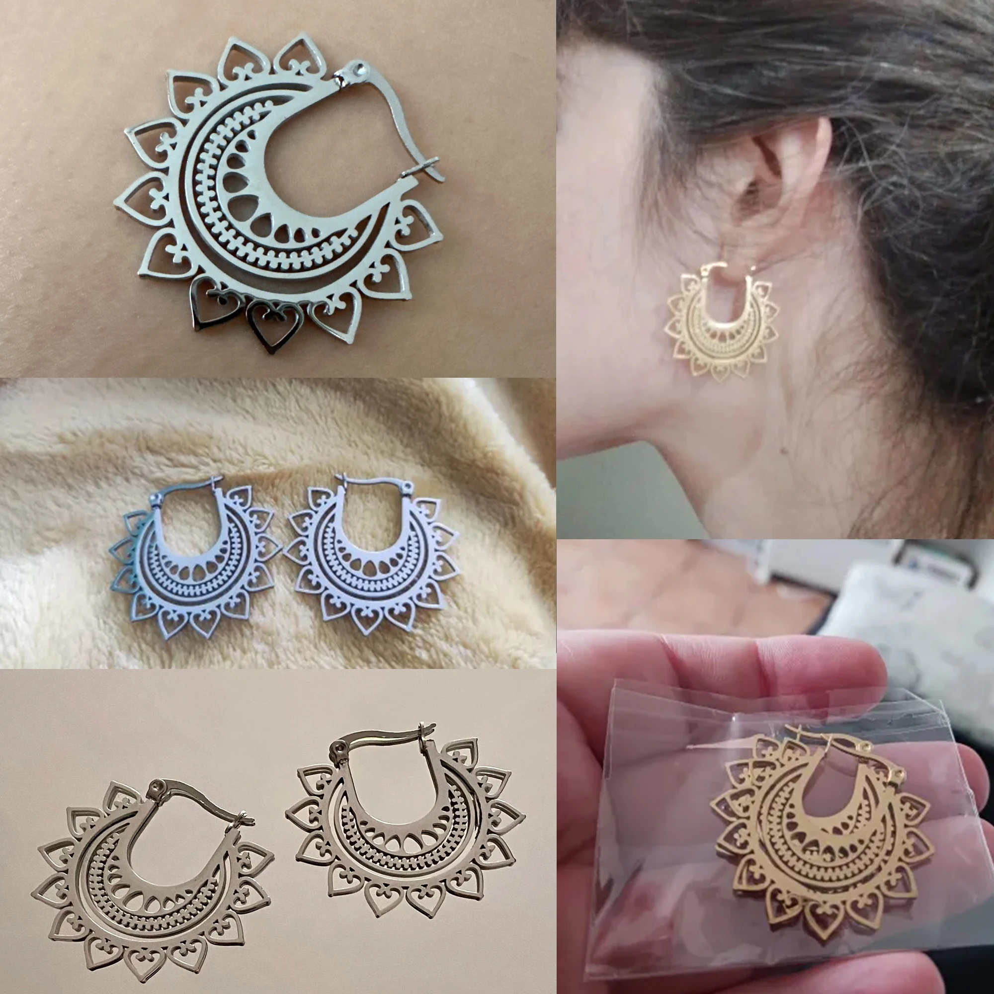 Unift Filigree India Lotus Mandala Hoop Earrings for Women Stainless Steel Earrings Bohemian Vintage Ethnic Jewelry Party Gift