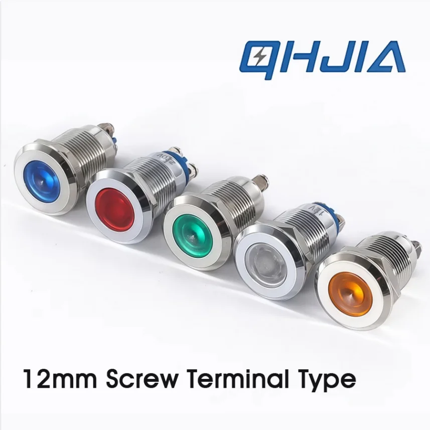 12mm IP66 방수 컬러 금속 LED 표시등 파일럿 라이트, 와이어 스크류 핀이 있는 신호등, DC 12V 24V 220V