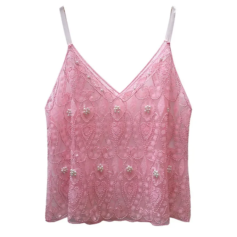 Trendy Sequins Beads Flower Pattern Vests Women's Sleeveless Open Back V Neck Camisoles See-Through Chic Summer Camis