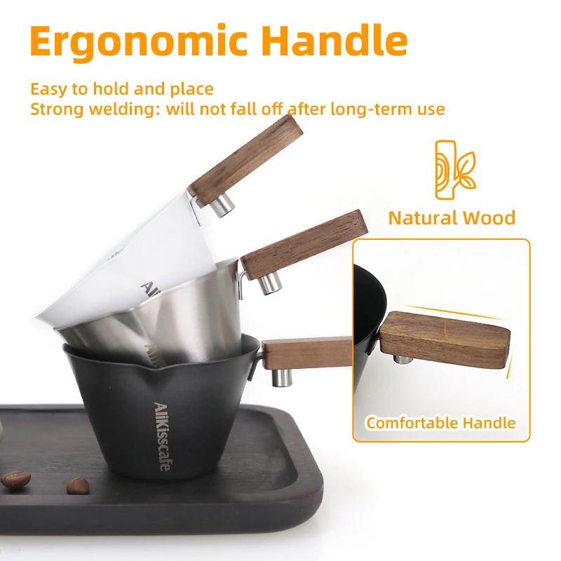 Elegant Stainless Steel Espresso Pouring Cup with Wood Handle & Precise Scale - 120ml