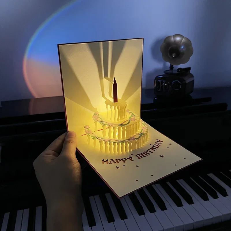 3D Light Music Birthday Pop Up Cake Creative Greeting Card Happy Birthday Party Gift Message Cards
