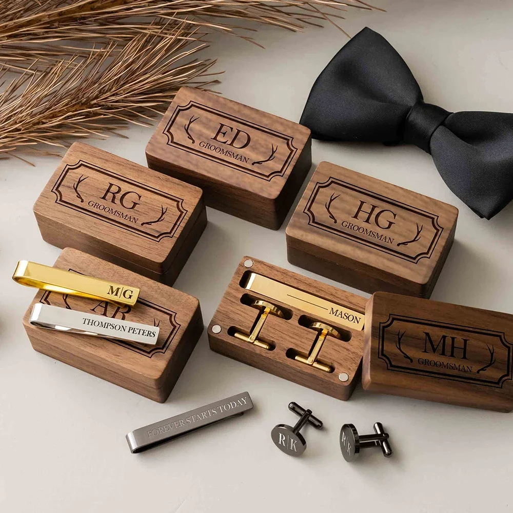 Metal Cufflinks Tie Clip Rectangle Gift Box Engraved Gift For Dad and Groomsmen Personalized Best Man Cufflinks Set