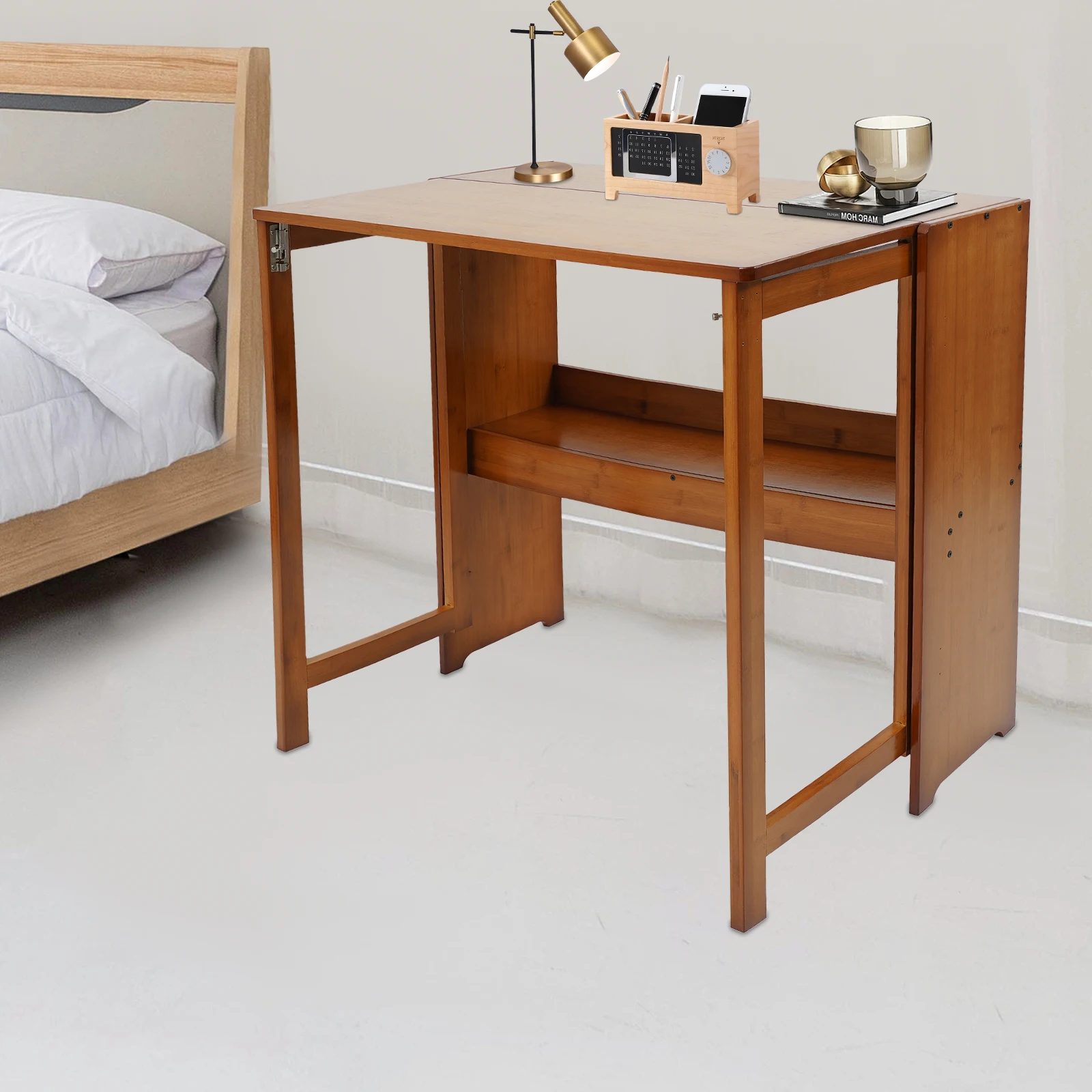 Holzfarbener/Brauner Klappbarer Schreibtisch Computertisch Studententisch Haushalt Kleiner Schreibtisch Schlafzimmer Nachttisch Schreib- und Arbeitsplatz – Detail 6