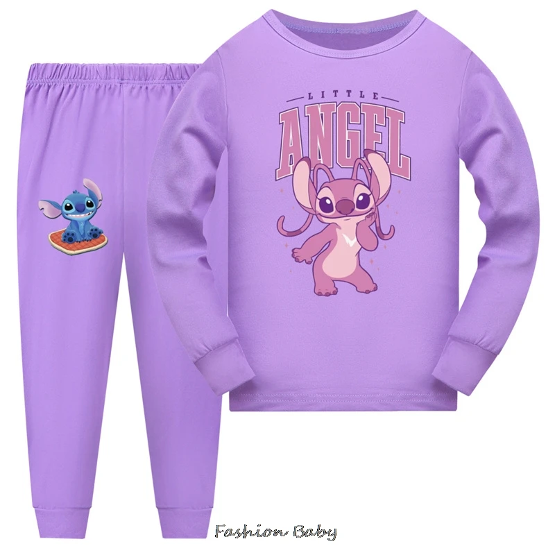 Lilo infantil e Stitch Conjuntos de pijama manga comprida, camiseta macia, moletom, pijamas para bebês meninas e meninos, roupas de primavera, quente, 2pcs