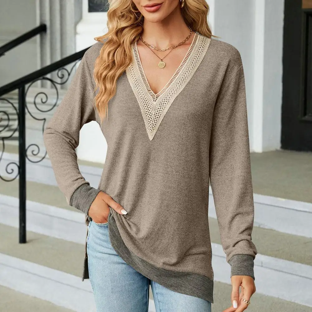 

Женская Осенняя футболка, кружевной украшенный женский топ, шикарный женский пуловер в стиле пэчворк с V-образным вырезом, стильный дышащий подходящий цвет для женщин