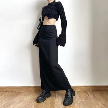 2024 New Spring Summer Black Long Skirts Women Pure Back-slit Designed High Waist Elegant Office Lady Korean Fashion Clothing 1