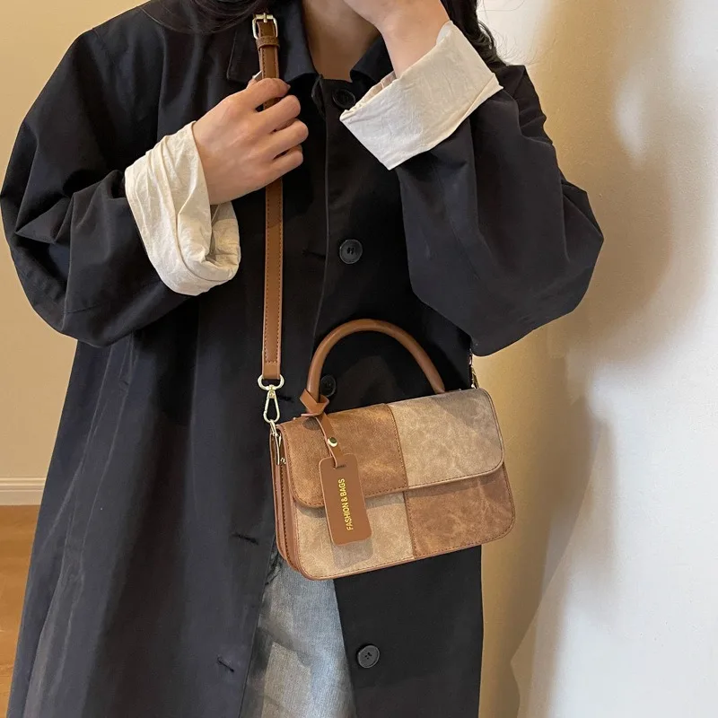 Women Handbag Crossbody Bag PU Leather Color Blocking Design Denim Surface Fashion Ladies Top-Handle Commuter Tote Girl Purses