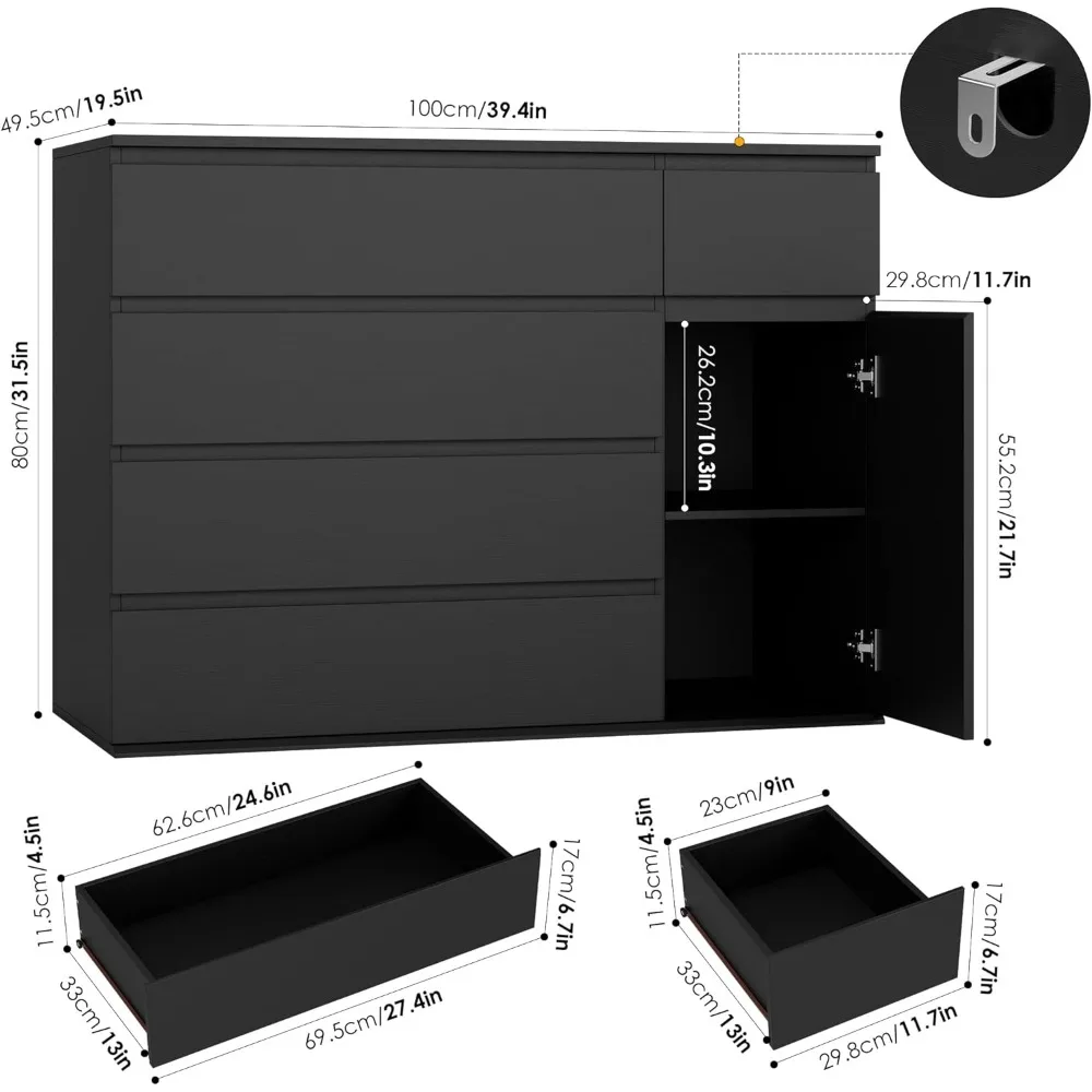 5 Drawer Dresser, Black Dresser Modern Dresser for TV Stand, Double Dresser Wide Storage Chests of Drawer with Door, Deep Drawe 3
