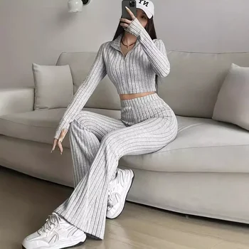 Fashionable Solid Color Striped 2-Piece Set Zipper Long Sleeve Cropped Top And High-Waisted Bell-Bottom Pants Women's Casual 1