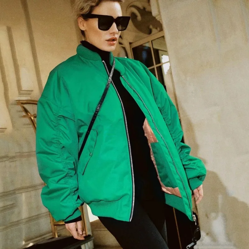 Autumn Fashion Women Oversized Bomber Jackets Female New Zippers Pockets Stand Collar Padded Coats Chic Outerwear