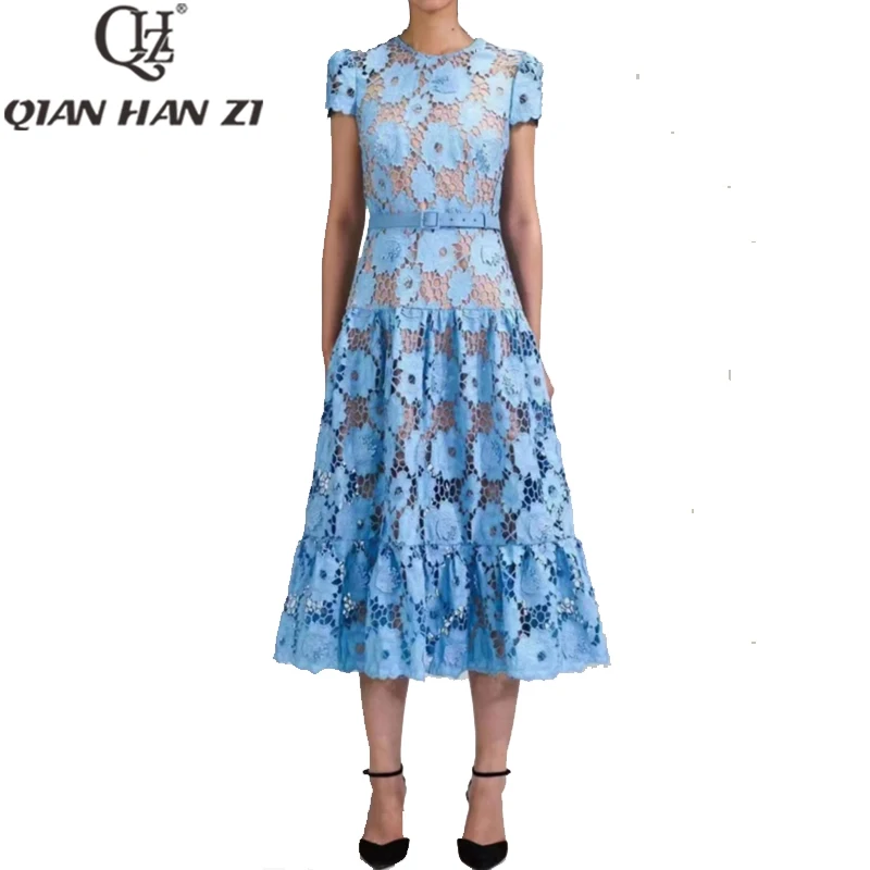 

QHZ Designer customization Fashion woman dress 2023 Vintage short sleeve belt slim Hollowed embroidered applique Midi dresses