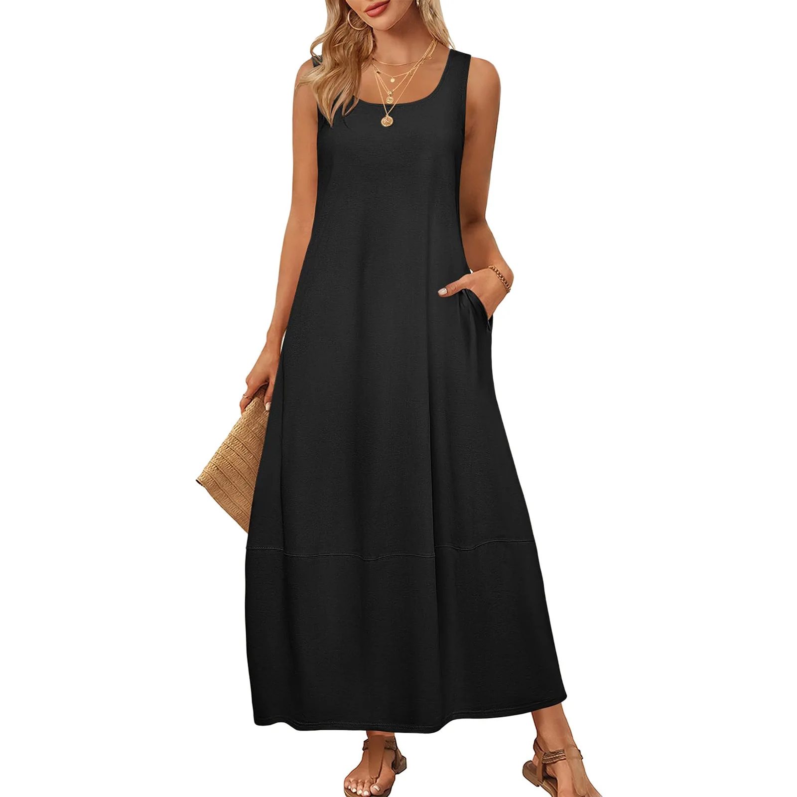 2026 Frühling Sommer Neues Elegantes Damen-Midikleid Ärmellos Einfarbig U-Ausschnitt Freizeitkleid Damen Party Club Kleidung Mit Tasche