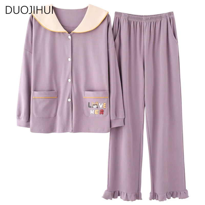 DUOJIHUI Purple Fashion Two Piece Casual Home Pajamas for Women New Chic Simple Cardigan Basic Loose Pant Sweet Female Sleepwear