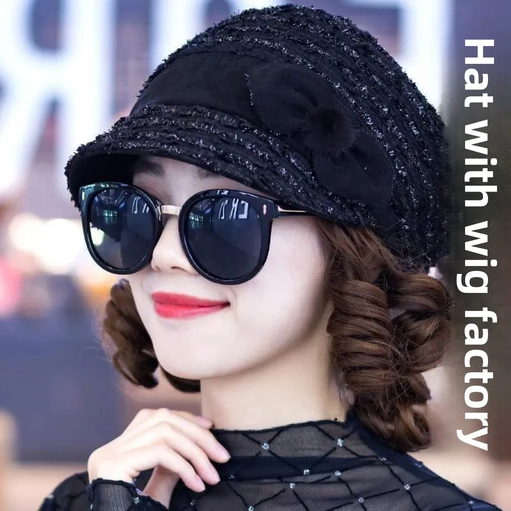 Middle-Aged And Elderly Women's Short Curly Wig And Hat Set Natural Realistic Fall/Winter Lace Net Cap With Hair