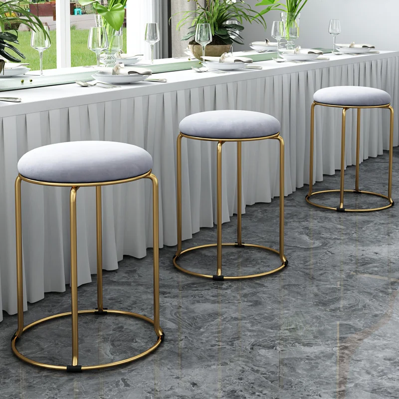 Nordic Home Round Stool Living Room Simple Fashion Dining Chairs Bedroom Dresser Velvet Pouf Wrought Iron Leisure Bar Stool