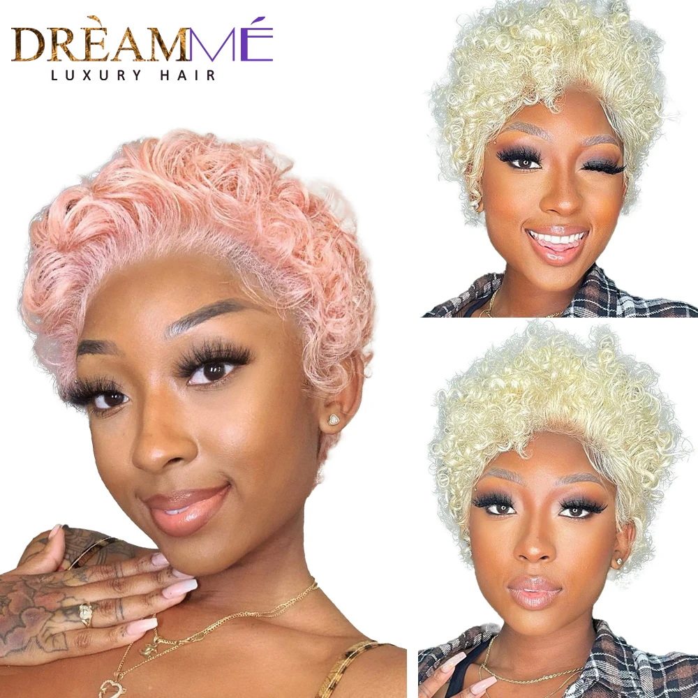 Pink Curly Bob Wig 13x4 Lace Front Human Hair Wigs 613 Blonde Short Pixie Cut Wig For Black Women Deep Water Wave Wigs 150%