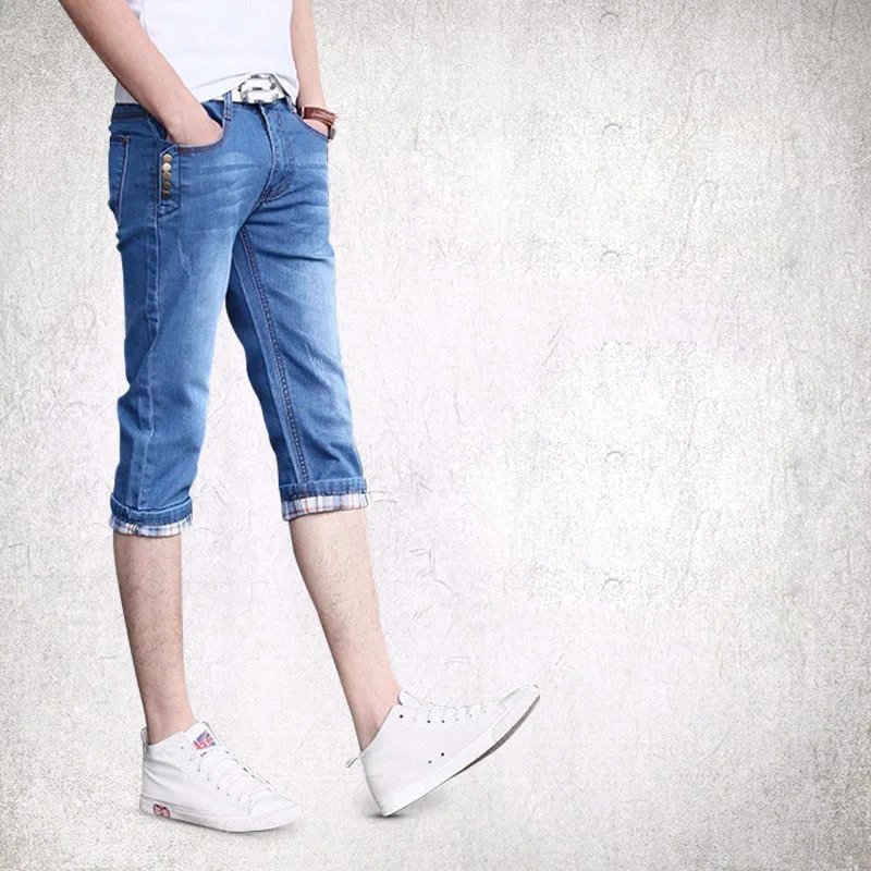 New Summer Fashion Teenagers Cropped Jeans Men Korean Slim Denim Shorts Breeches Stretch Capric Pants Men Thin 3/4 Jeans