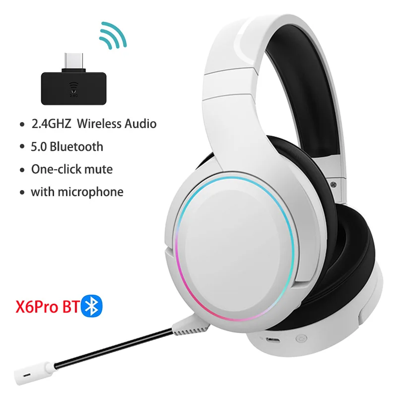 2.4G Wireless Gaming Headset 50mm Unit Bluetooth Wireless Headphones For Notebook desktop computer PS5 with RGB Detachable Mic 