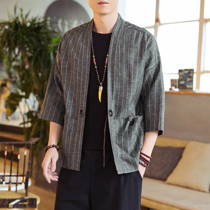 Men's Chinese Style Cotton Linen 3/4 Sleeve Shirt Striped Hanfu Tang Tops Loose Robe Gown Jacket Retro Coat