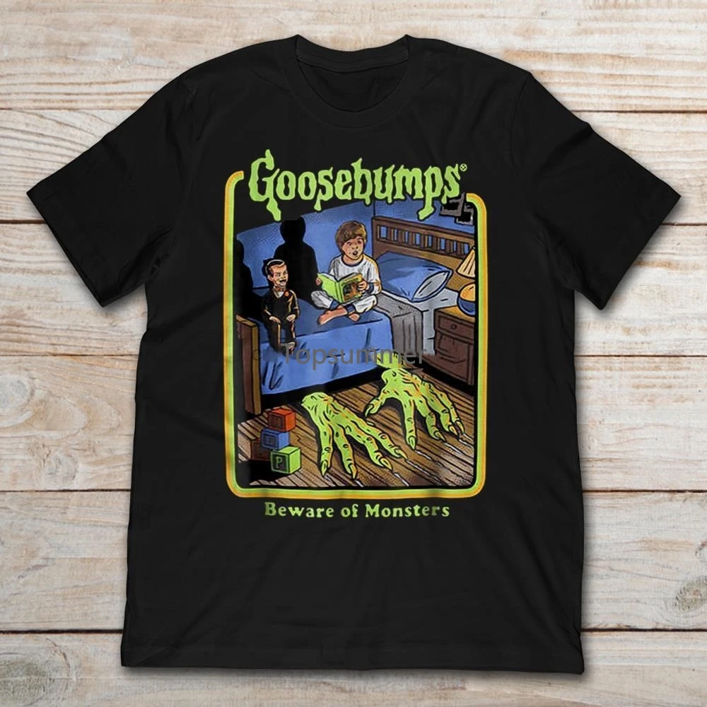 Гусиные удары Остерегайтесь монстров хлопковая черная футболка с принтом