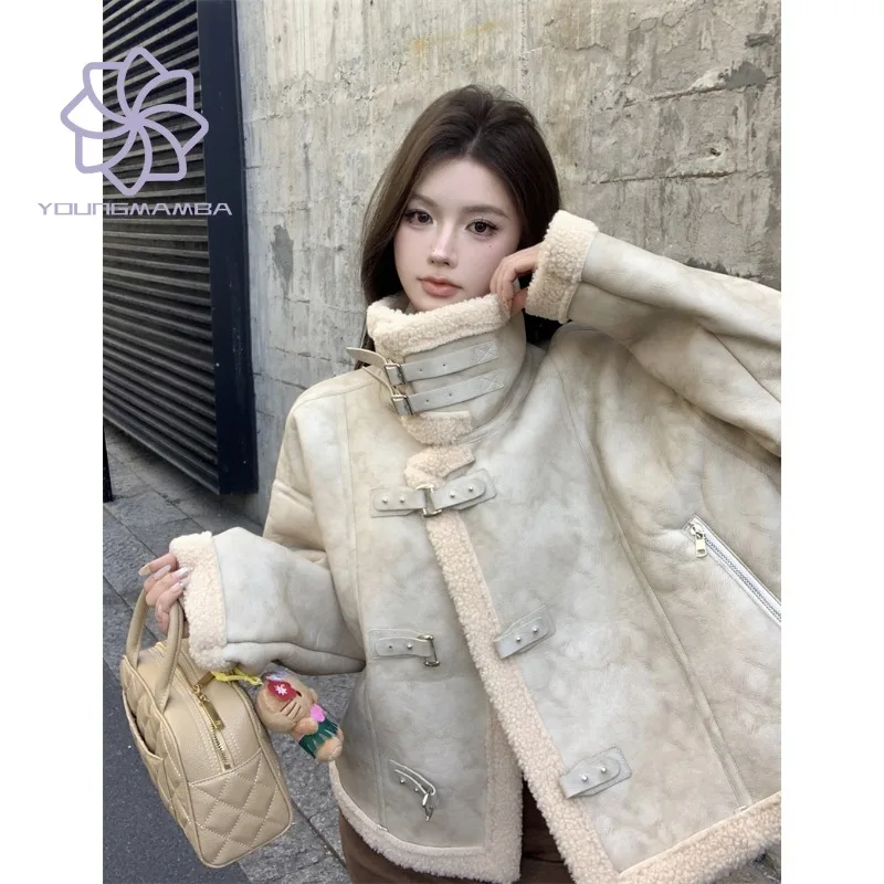 

Stand Up Collar Fur Lamb Wool Motorcycle Jacket for Women 2023 Winter New Short Coats Women's Outerwear