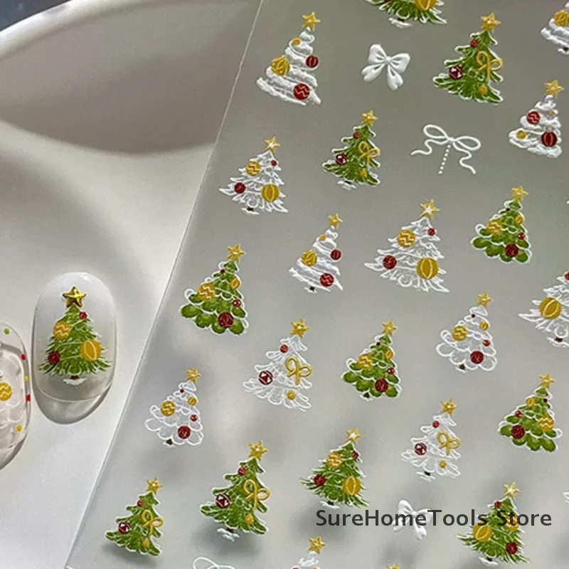 Christmas Tree Embossed Nail Stickers Self-Adhesive Xmas Manicure Decals, Charm Nail Ornaments 3D Raised Nail Art Decorations