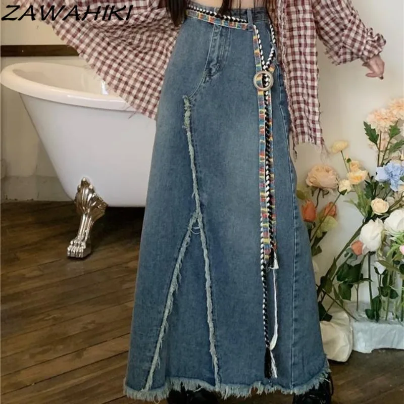 

Distressed New High Waist A-line Solid Color Frayed Long Denim Skirt Casual Temperament All Match Chic Designed Faldas Mujer