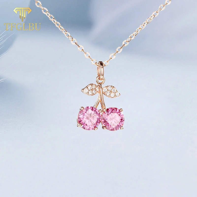 

TFGLBU 1CTTW Pink All Moissanite 925 Sterling Silver Pendant for Women Cute Cherry Necklace Shine Gem Birthday Gifts Pass Test