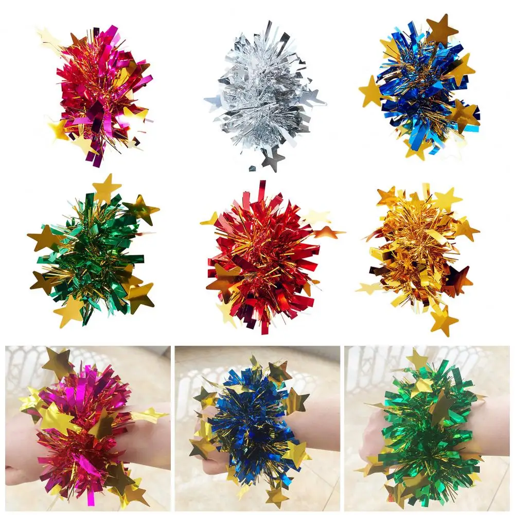6Pcs Metallic Pom Poms Cheerleading Elastic Hair Ropes Stage Performance Elastic Band Bracelet with Star Decor Celebration Volle