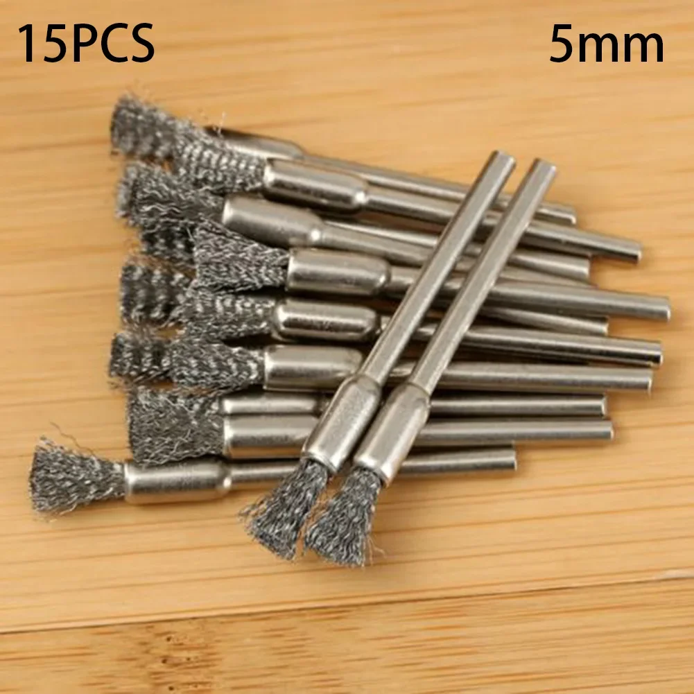15Pc 5mm Wire Brush Remove Rust Polishing Brush Stainless Steel Handle For Mold Grinder Electric Rotary Drill Accessories