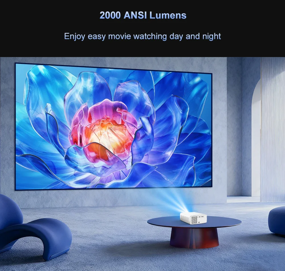 플릭스톤 E900 미니 프로젝터(스탠드 포함)는 4K 디코딩, 안드로이드 스마트 TV, 와이파이, 홈시어터 기능을 지원하며, 캠핑에 적합합니다.