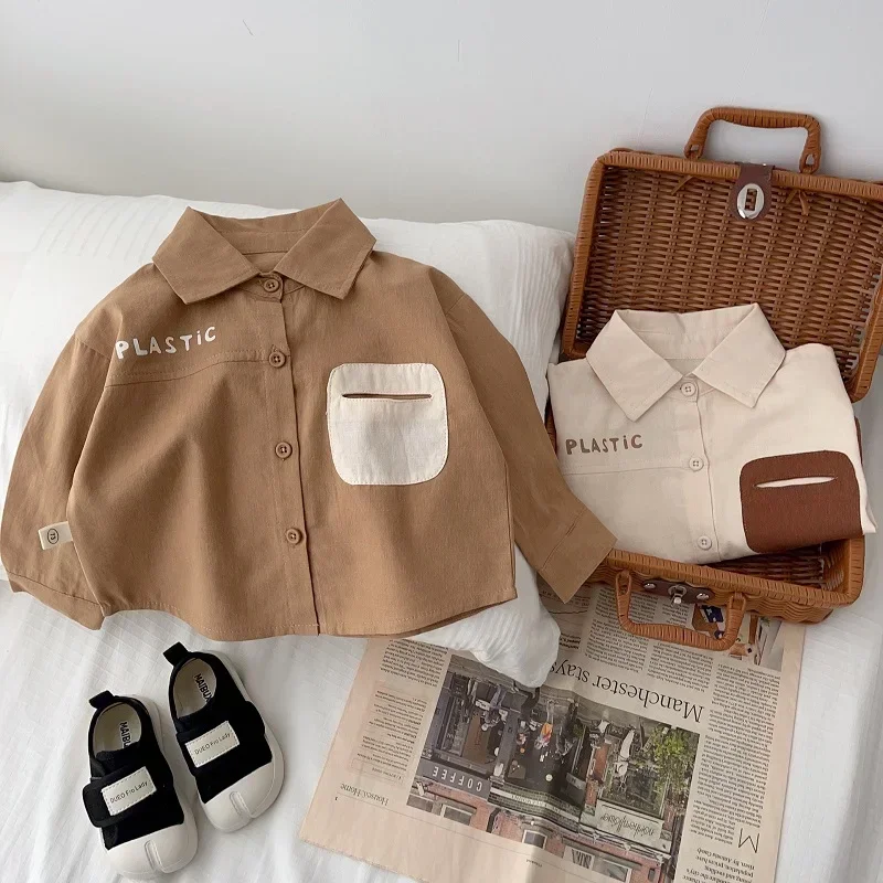 

New Children Boy Shirt 0-5Years Toddler Kids Long Sleeve Turn Down Collar Letter Pocket Korea Style Loose Blouse Autumn Clothes