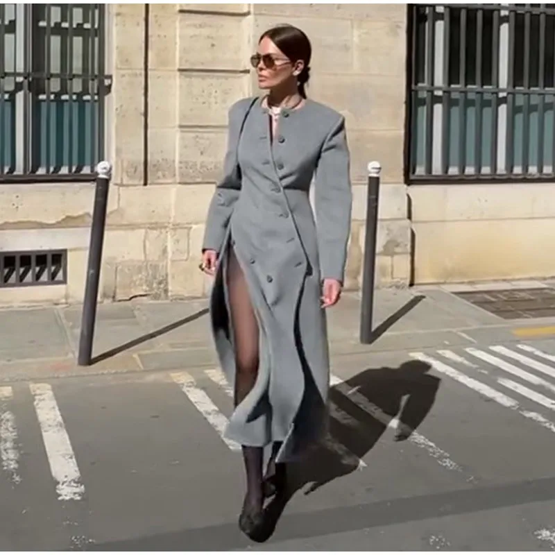 Women's Long Grey Woollen Coat O-neck Full Sleeve Asymmetric Button Design Elegant Silhouette Warm Outerwear 2025 Autumn Coat
